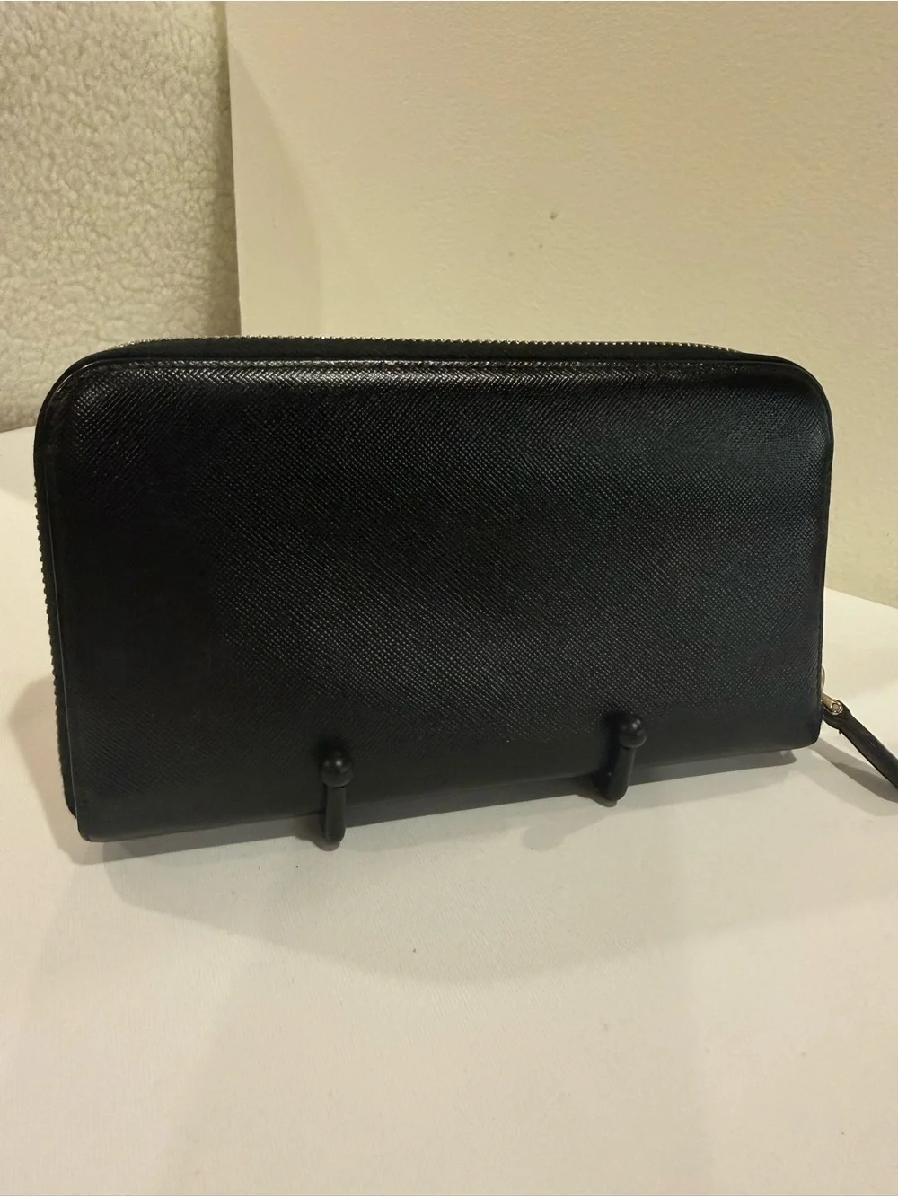 Prada Black Saffiano Leather Zip Wallet with Gold Logo